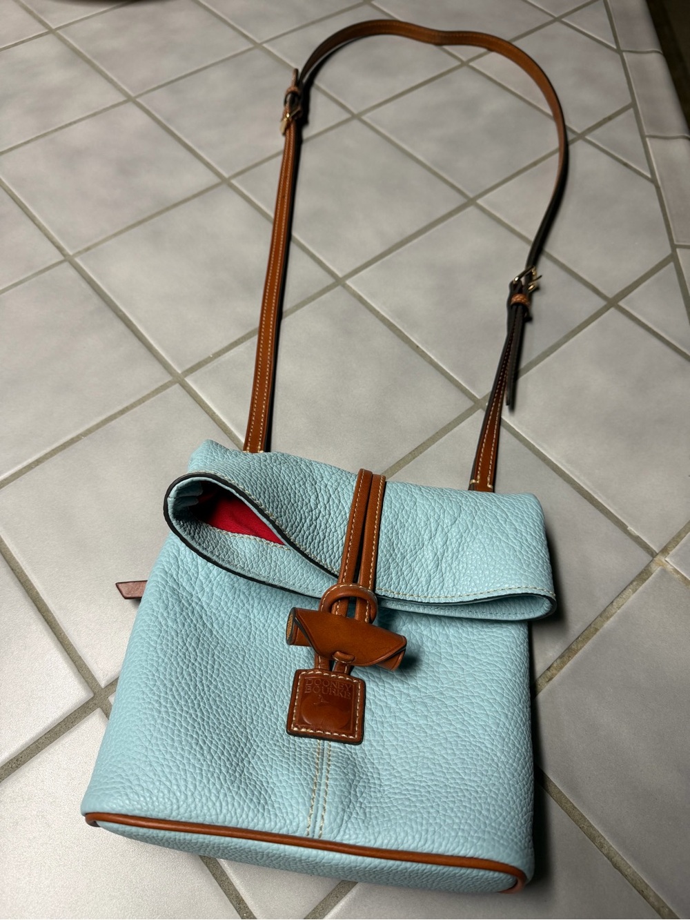 Rooney & Bourke Light Blue Pebbled Leather Crossbody Shoulder Bag with Tan Trim